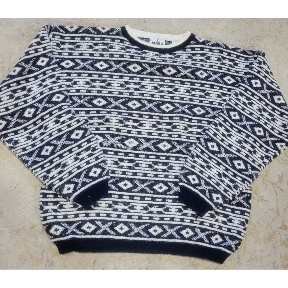 Vintage Bench Wool Blend Geometric Fair Isle Crewneck Sweater Navy Mens Large